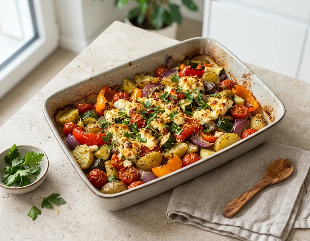 Buntes Ofengemüse mit Feta und frischen Kräutern in der Auflaufform
