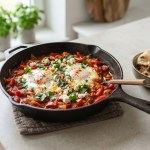 Shakshuka mit Tomaten und pochierten Eiern in Pfanne, mit Kräutern und Feta, serviert mit Fladenbrot.