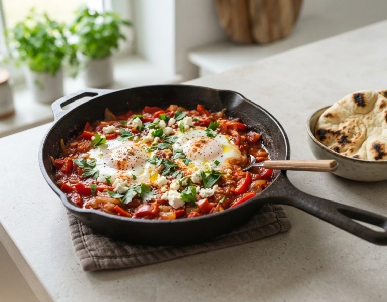 Shakshuka mit Tomaten und pochierten Eiern in Pfanne, mit Kräutern und Feta, serviert mit Fladenbrot.