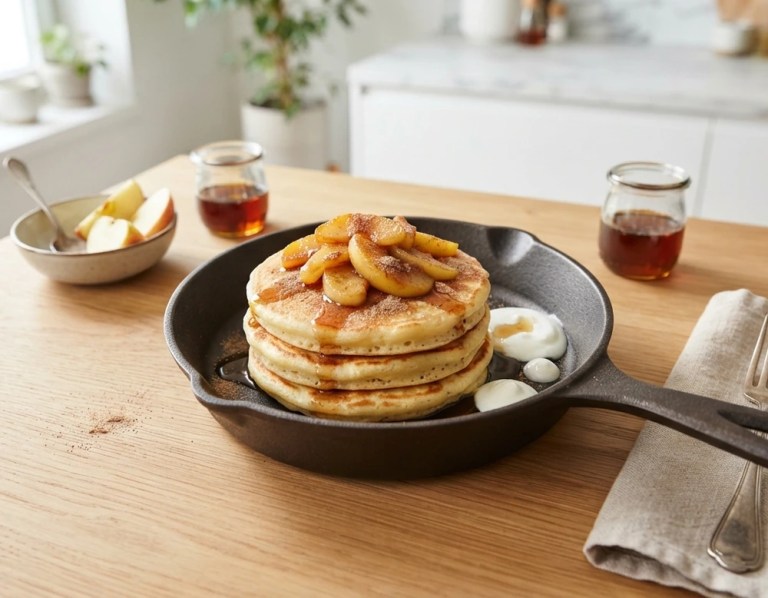Apfelpfannkuchen mit Zimt und Vanille, mit Apfelscheiben und Zimtzucker