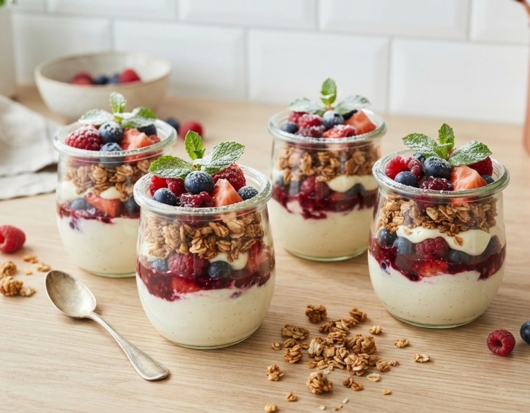 Beeren-Joghurt-Dessert im Glas mit Vanille und Granola