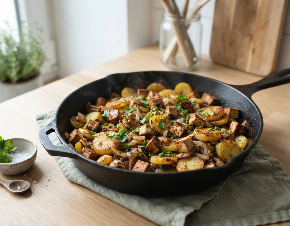 Bratkartoffeln mit Zwiebeln und knusprigem Räuchertofu in der Pfanne