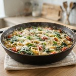 One-Pot-Pasta mit Spinat und Parmesan in cremiger Sauce, heiss serviert.