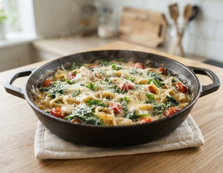 One-Pot-Pasta mit Spinat und Parmesan in cremiger Sauce, heiss serviert.