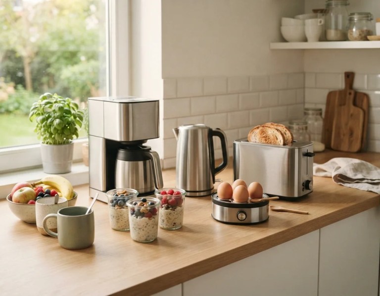 Frühstücksstation in heller Küche mit Kaffeemaschine, Wasserkocher, Toaster, Eierkocher und Gläsern mit Overnight Oats