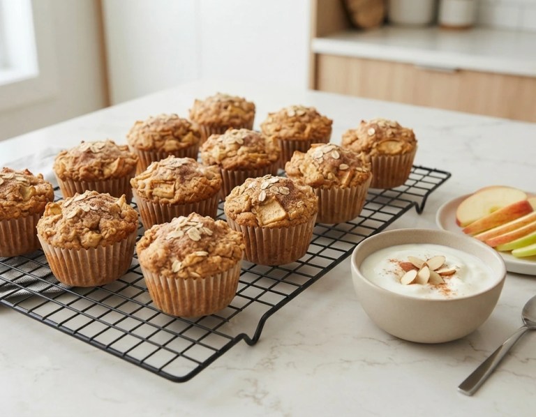 Apfel-Hafer-Frühstücksmuffins auf einem Kuchengitter, teils mit Haferflocken bestreut