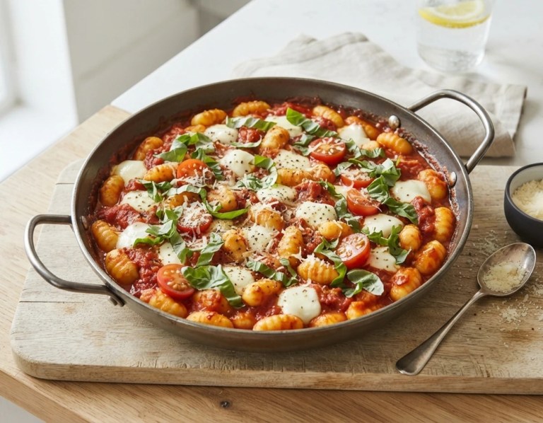 Gnocchi in Tomatensauce mit geschmolzenem Mozzarella und Basilikum in einer Pfanne