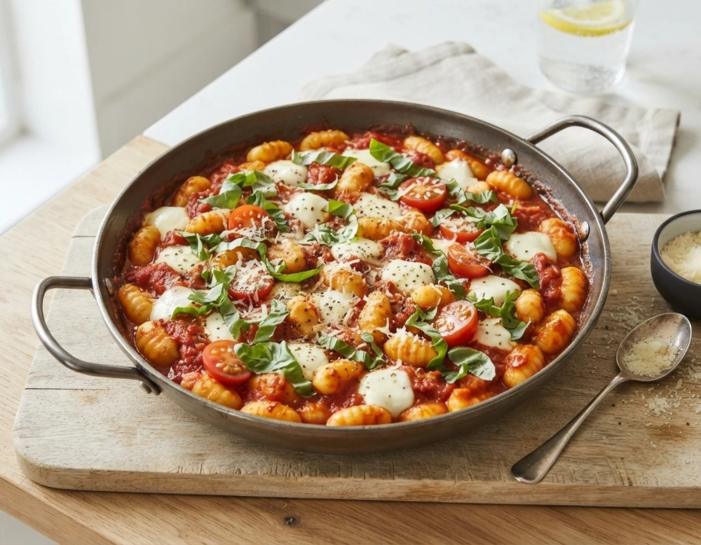Gnocchi in Tomatensauce mit geschmolzenem Mozzarella und Basilikum in einer Pfanne
