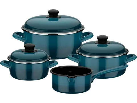 GSW Topf-Set Blue Shadow, Emaille (Set, 7-tlg., je 1 Kochtopf 16/20/24 cm, 1x Stielkasserolle 16 cm), Induktion