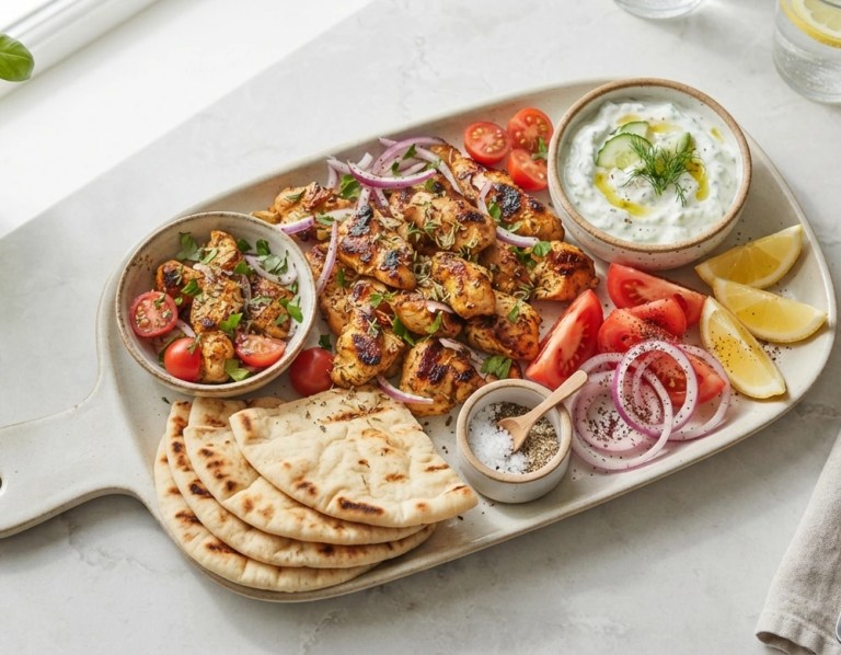 Poulet-Gyros aus der Pfanne mit Tzatziki und warmem Fladenbrot, serviert mit Tomaten und roten Zwiebeln.
