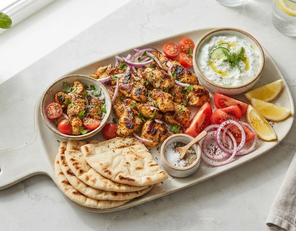 Poulet-Gyros aus der Pfanne mit Tzatziki und warmem Fladenbrot, serviert mit Tomaten und roten Zwiebeln.