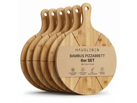 hausleben Pizzaschneidebrett Pizzabrett - Rundes Schneidebrett mit Griff und Schneiderillen, Bambus Pizzabrett, (Holz Pizzateller für Flammkuchen, 6-St., 2 Servierplatten), Holzteller Servierbrett für Pizza, Leicht zu Reinigen