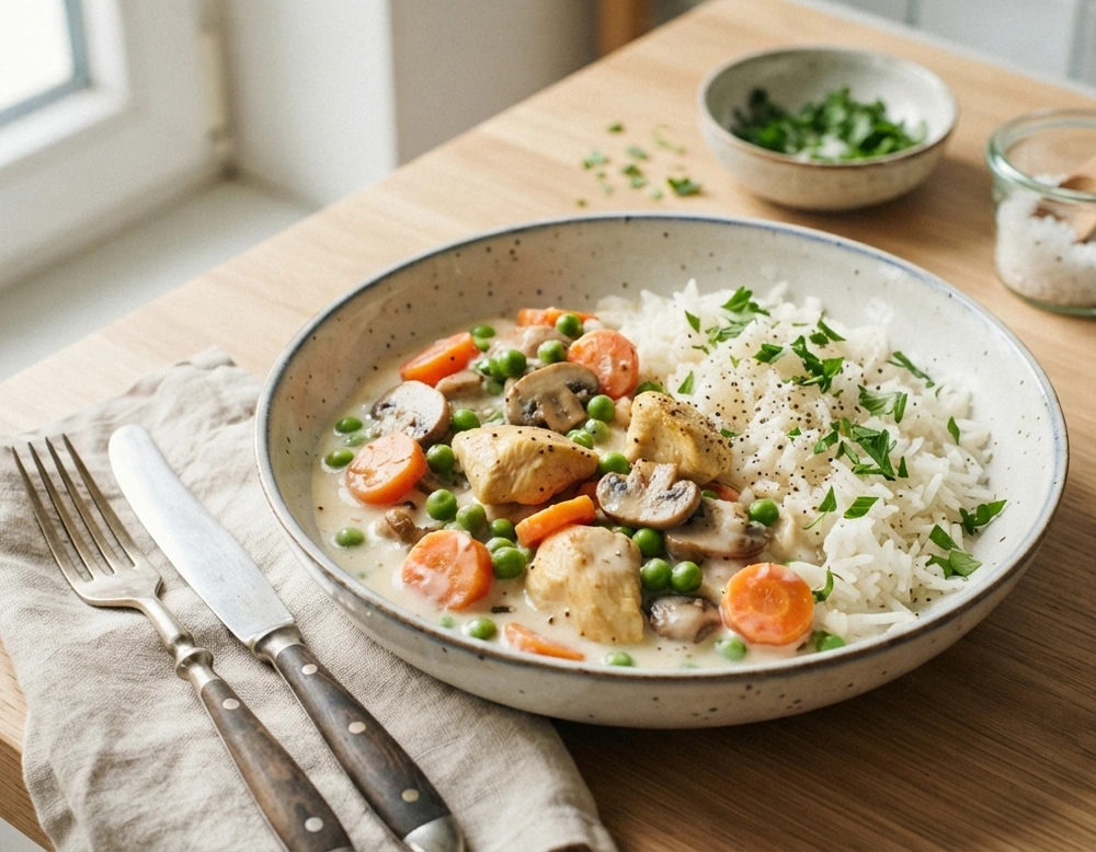 Hühnerfrikassee mit Reis und Gemüse in cremiger Sauce, mit Petersilie