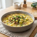 Käse-Lauch-Suppe mit Rinderhack, cremig serviert mit Schnittlauch