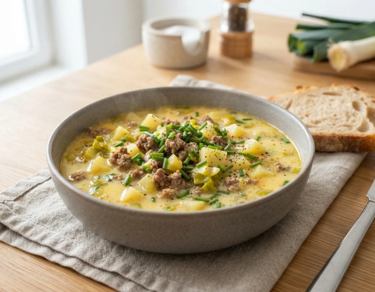 Käse-Lauch-Suppe mit Rinderhack, cremig serviert mit Schnittlauch