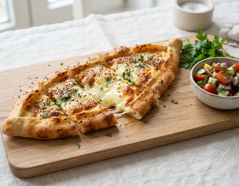 Käse-Pide mit knusprigem Rand, Sesam und Schwarzkümmel auf Holzbrett