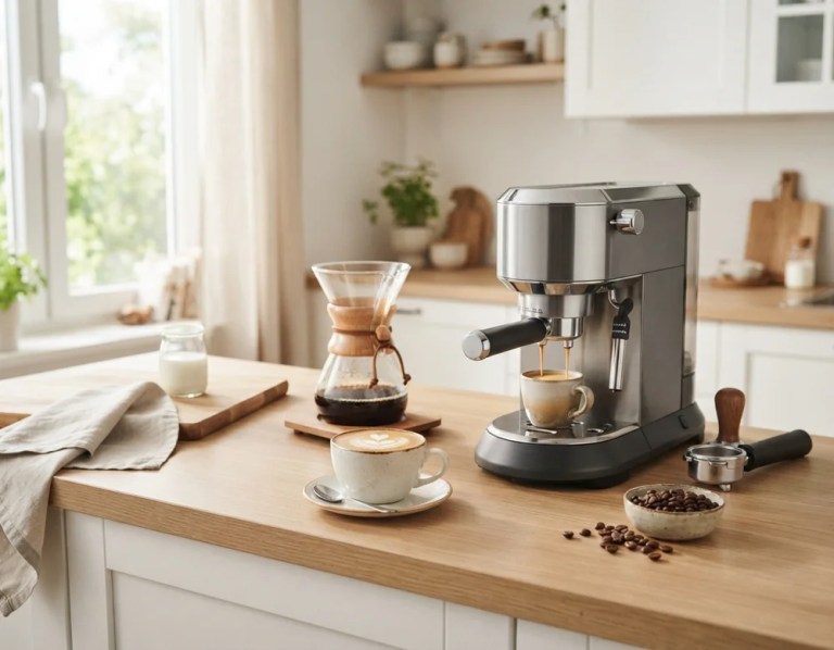 Kompakte Espressomaschine mit Espressotasse, daneben eine Glaskanne Filterkaffee, ein Cappuccino und eine Schale Kaffeebohnen