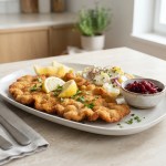 Kalbsschnitzel mit knuspriger, welliger Panade, serviert mit Zitrone und Kartoffelsalat