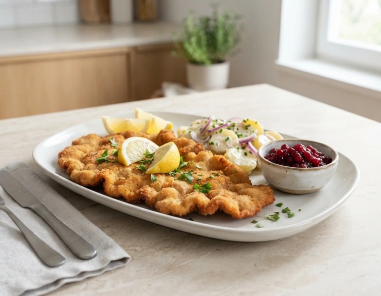 Kalbsschnitzel mit knuspriger, welliger Panade, serviert mit Zitrone und Kartoffelsalat