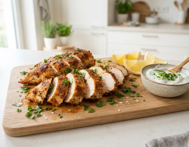 Knusprige Hähnchenbrust aus dem Airfryer, in Scheiben geschnitten, mit Petersilie und Zitronenspalten