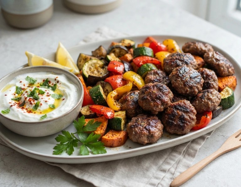Köfte mit Joghurt-Dip und Ofengemüse auf Servierplatte mit Zitronen und Kräutern