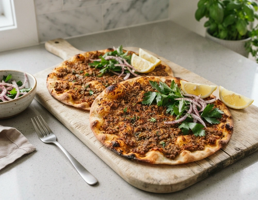 Lahmacun mit Hackfleisch, Petersilie und Zitrone auf Holzbrett