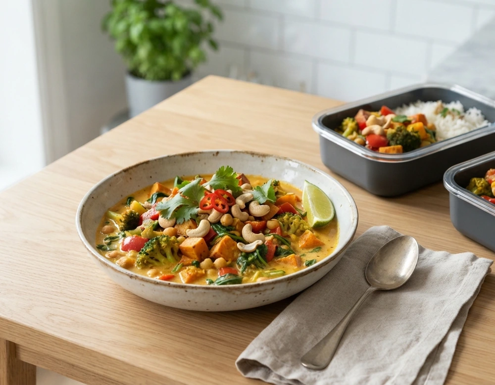 Cremiges Gemüse-Curry mit Kokosmilch in Schüssel, mit Koriander und Limette