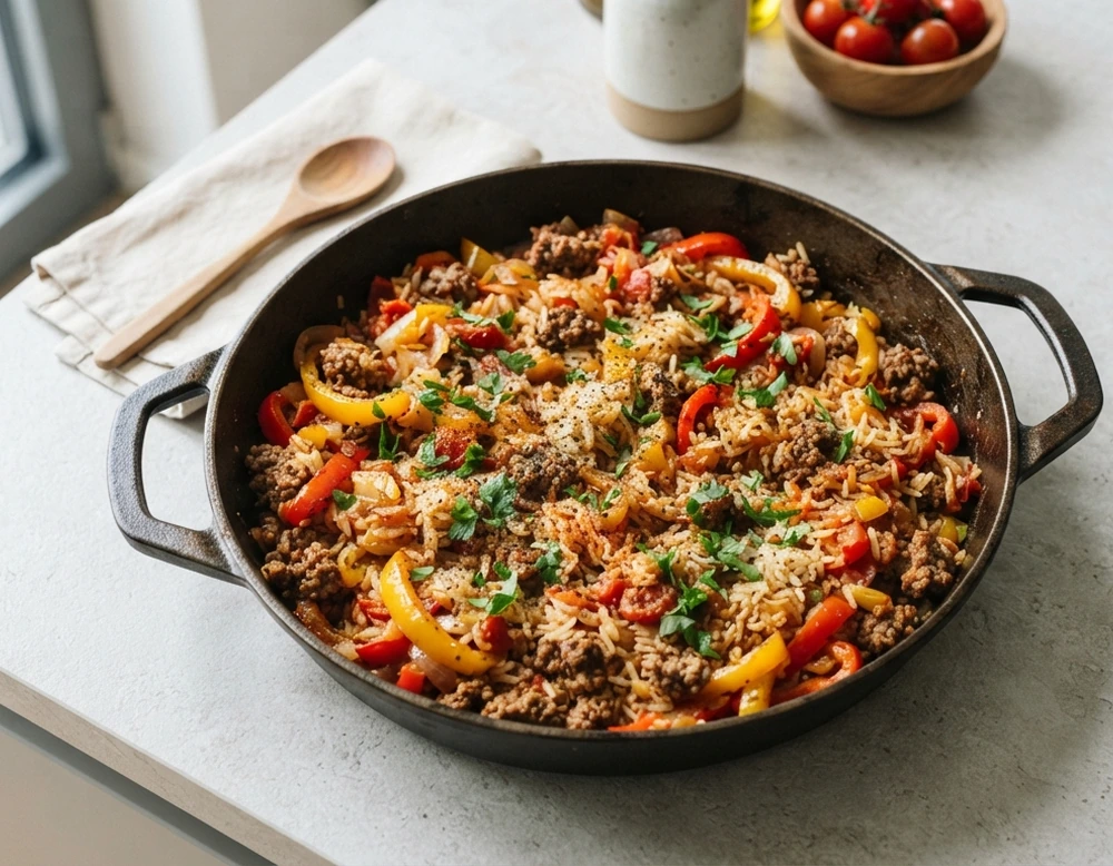 Meal Prep Hackfleischpfanne mit Reis und Paprika