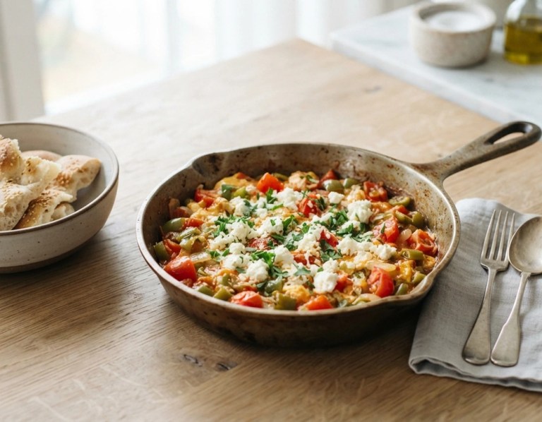 Menemen – türkisches Rührei mit Tomaten und Paprika in der Pfanne