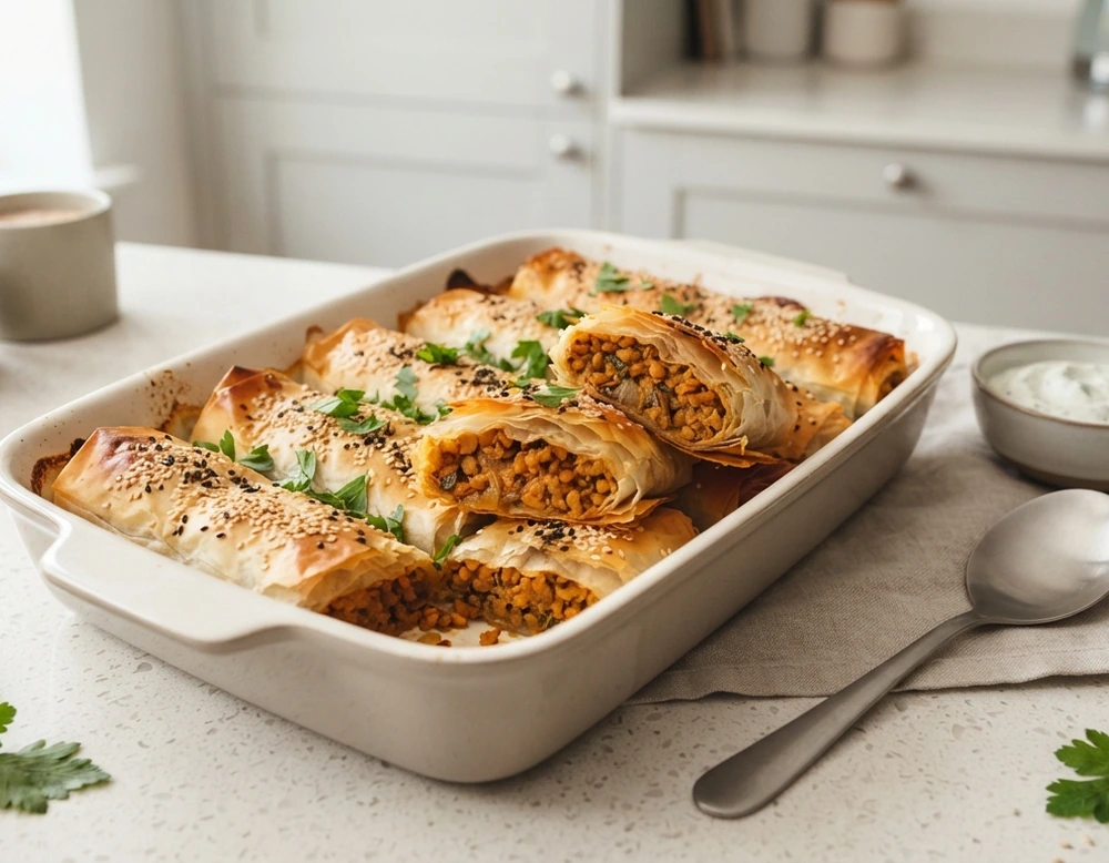 Mercimekli Börek mit knuspriger Kruste und Linsenfüllung in der Ofenform