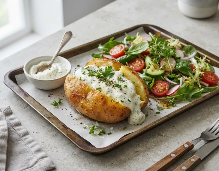 Ofenkartoffel mit cremigem Kräuterquark und frischen Kräutern