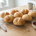 Goldbraune Quarkbrötchen ohne Hefe mit Sesam auf Gitter