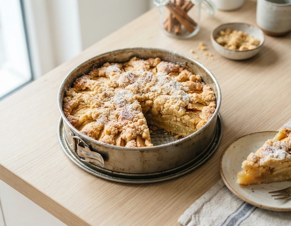 Saftiger Apfelkuchen mit goldenen Streuseln in der Springform