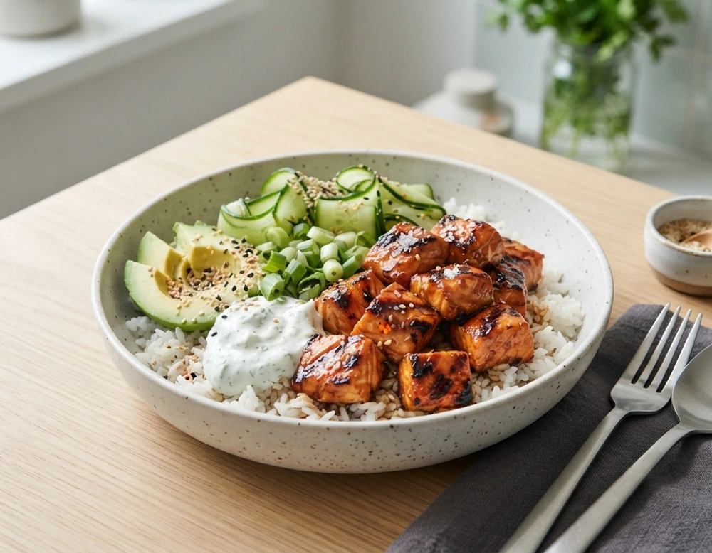 Lachs-Reis-Bowl mit Gurke, Avocado und Joghurt-Sauce, mit Sesam bestreut