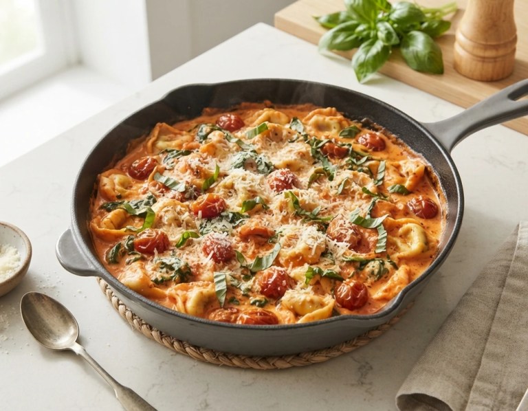 Tortellini in cremiger Tomatensauce mit Parmesan und Basilikum