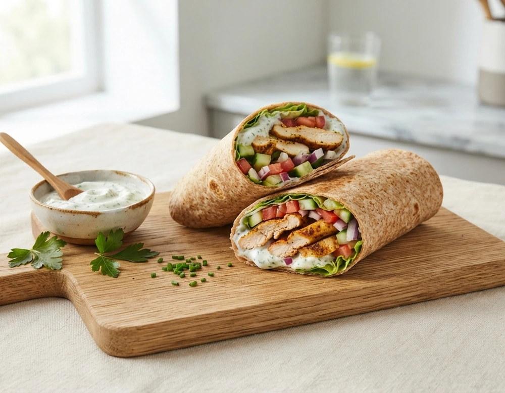 Hähnchen-Wraps mit Salat und Joghurtsauce, halbiert serviert
