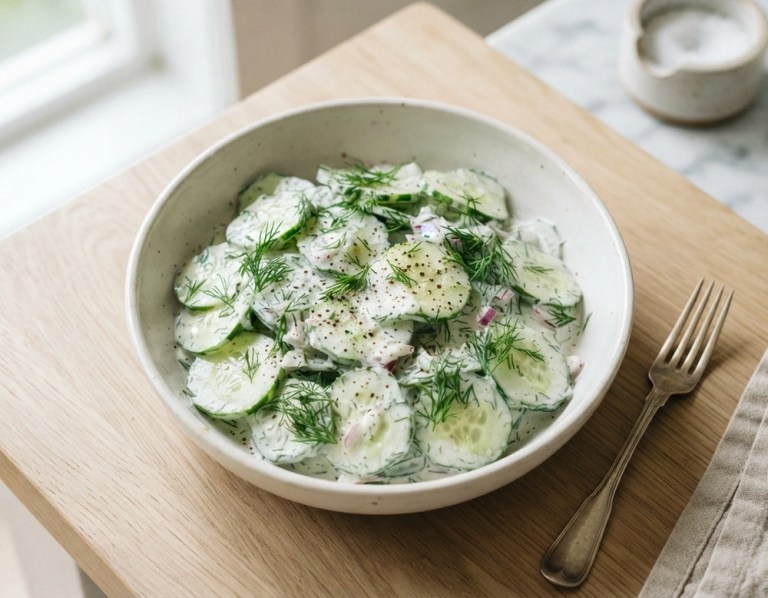 Cremiger Gurkensalat mit Joghurt und Dill in einer Schale