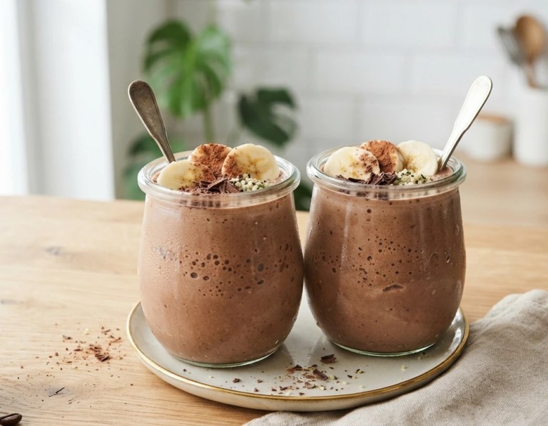 Cremiger Schoko-Bananen-Smoothie mit Banane und Kakao in kleinen Gläsern