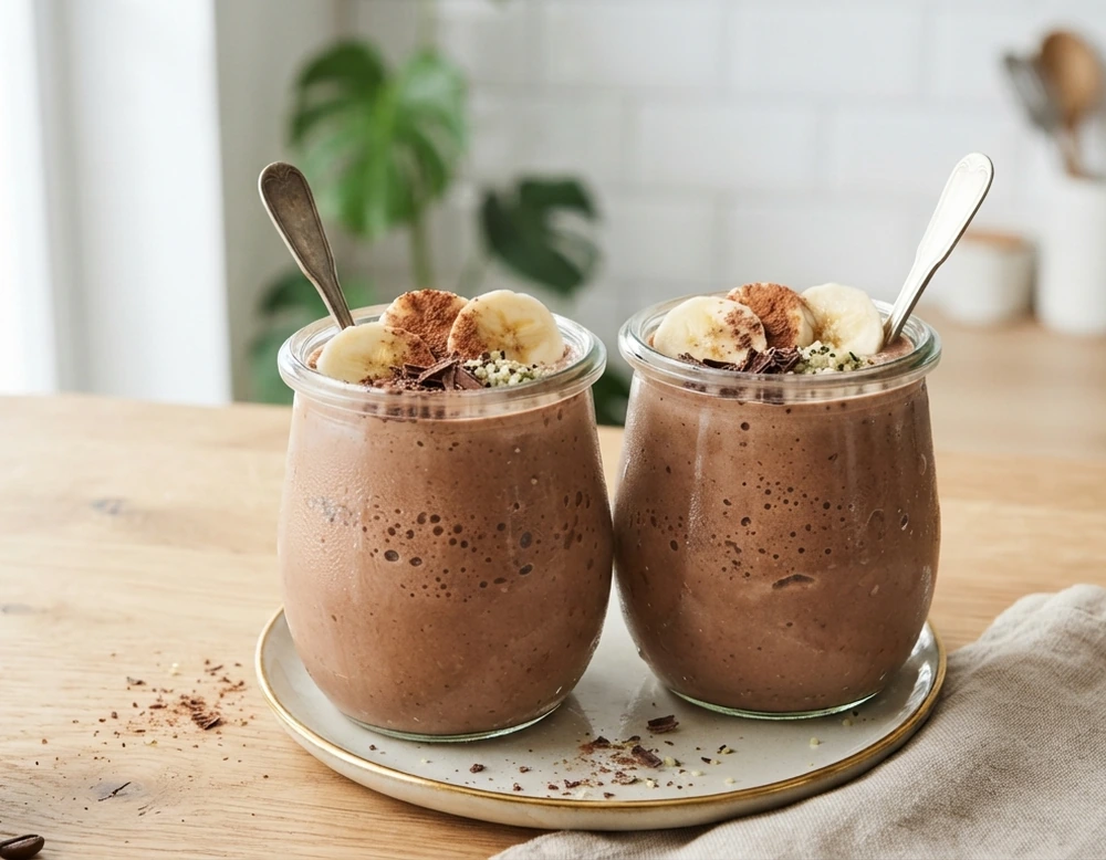 Cremiger Schoko-Bananen-Smoothie mit Banane und Kakao in kleinen Gläsern