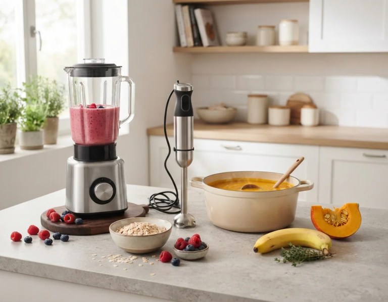 Standmixer mit Beeren-Smoothie und Stabmixer neben einem Topf Kürbissuppe auf einer hellen Küchenarbeitsfläche