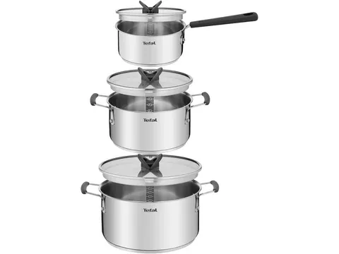 Tefal Topf-Set G7376S Opti'Space, Edelstahl (Set, 6-tlg., Stielkasserolle 16 cm, Kochtopf 20/24 cm, je mit Deckel), Thermo-Fusion-Boden, für alle Herdarten inkl. Induktion
