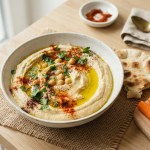 Hummus aus dem Thermomix mit Kichererbsen und Tahini, serviert mit Olivenöl, Paprika und Petersilie