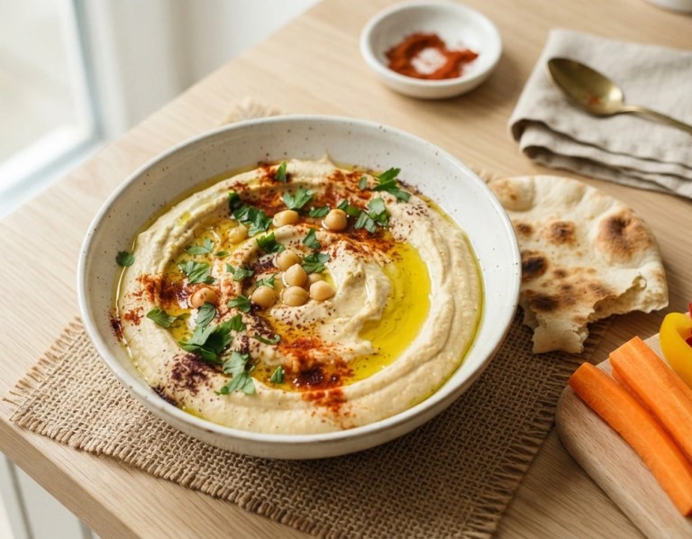 Hummus aus dem Thermomix mit Kichererbsen und Tahini, serviert mit Olivenöl, Paprika und Petersilie