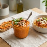 Cremiges Pesto Rosso im Glas mit Basilikum und Mandeln, daneben Pasta.