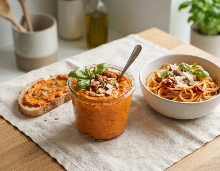 Cremiges Pesto Rosso im Glas mit Basilikum und Mandeln, daneben Pasta.