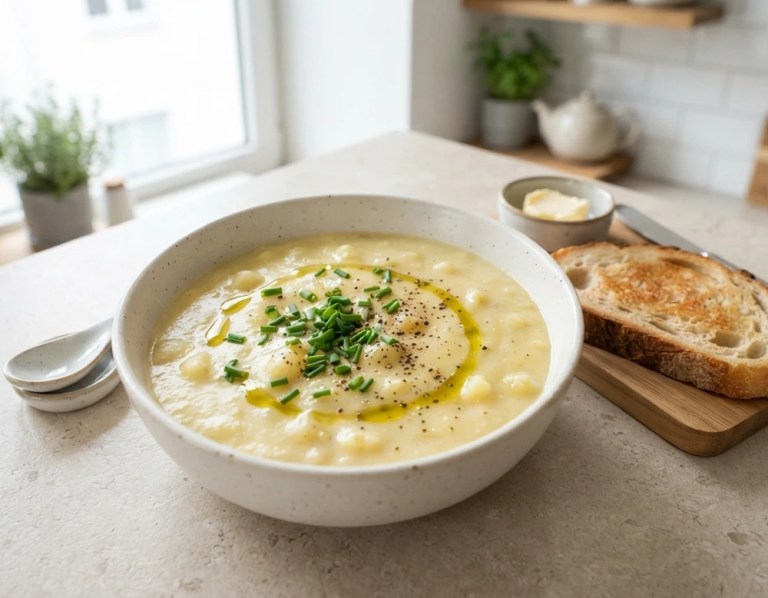 Vegane Kartoffel-Lauch-Suppe, cremig püriert, mit Schnittlauch