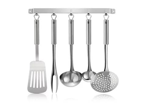 WMF Kochbesteck-Set Profi Plus, spülmaschinengeeignetes Küchenhelfer-Set (Set, 6-tlg., Hängeleiste, Schöpf-/Schaum-/Saucenkelle, Pfannenwender, Fleischgabel), praktische Aufhängeösen für die Hängeleiste, Cromargan Edelstahl