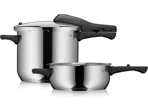 WMF Schnellkochtopf Perfect One Pot, Dampfkochtopf 6,5l + 3l, großes Kochsignal, Induktion, Cromargan® Edelstahl Rostfrei 18/10 (Set, 2-tlg., 1 Druckkochtopf (V 6,5l, Ø 22cm), 1 Bratpfanne (V 3,0l, Ø 22cm), Dampfkochtopf mit abnehmbarem Deckelgriff, für alle Herdarten geeignet