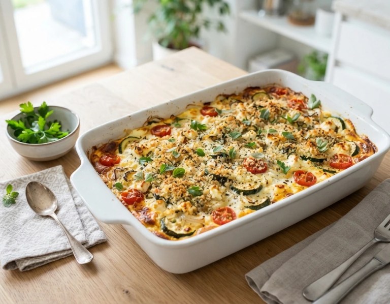 Zucchini-Feta-Auflauf mit goldbrauner Kruste in Auflaufform