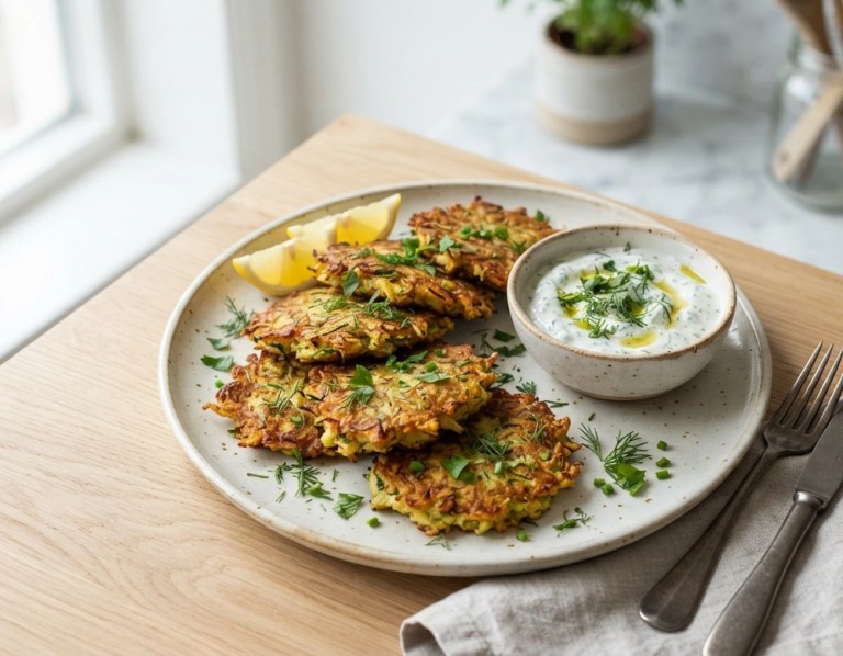 Zucchini-Puffer mit Joghurt-Kräuter-Dip auf Servierplatte